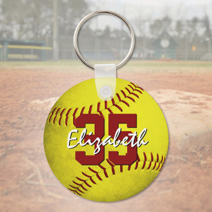 grungy yellow softball girls personalized keychain