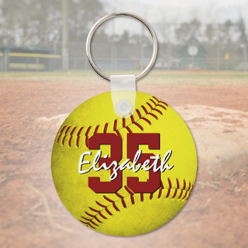 Grungy Yellow Softball Girls Personalized Keychain by katz_d_zynes at Zazzle