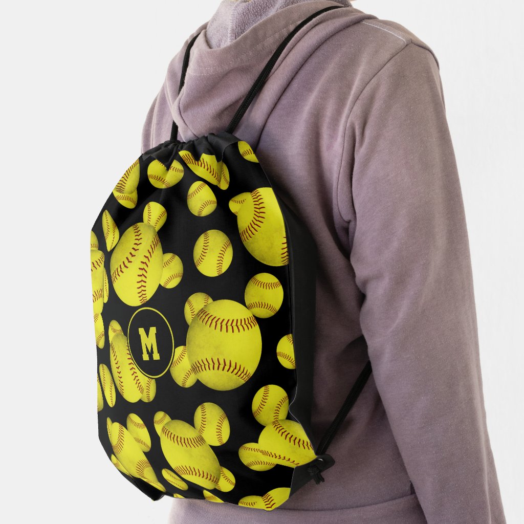grungy yellow softballs pattern girls monogrammed drawstring bag