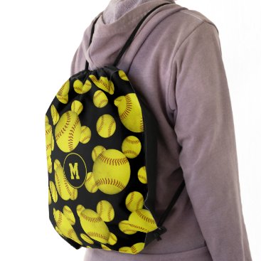 grungy yellow softballs pattern girls monogrammed drawstring bag