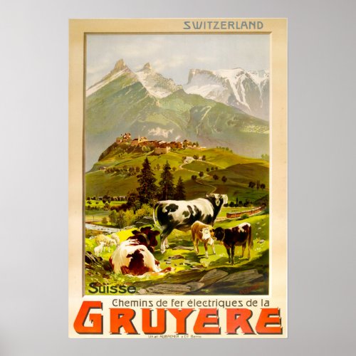 Gruyre Suisse Switzerland Vintage Travel Poster
