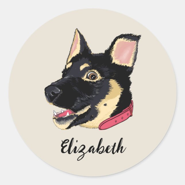 GSD Puppy Illustration Monogram Dog Lover Gift Classic Round Sticker (Front)