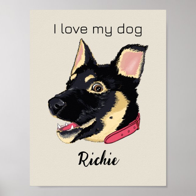 GSD Puppy Illustration Monogram Dog Lover Gift Poster (Front)