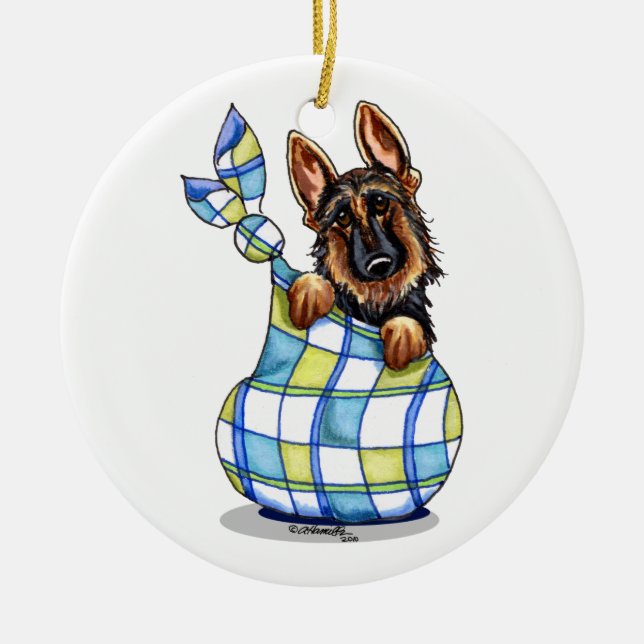 GSD Sack Puppy First Christmas Personalized Ceramic Ornament (Front)