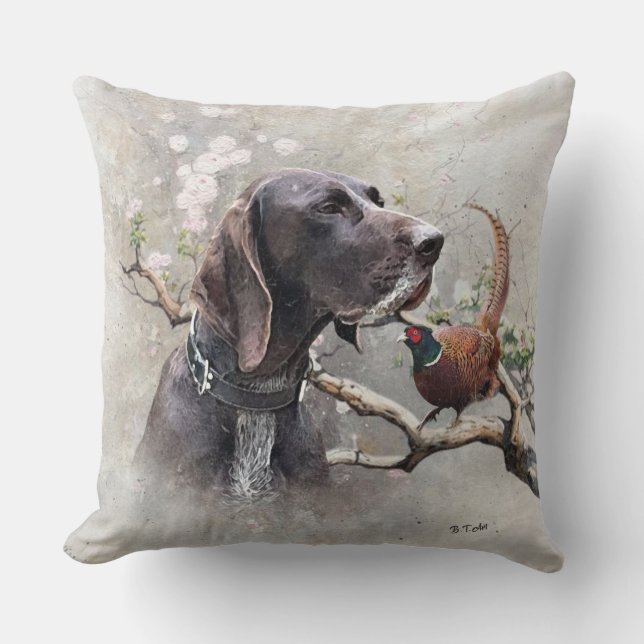 GSP Hunting Art – Precision, Passion, and Pheasant Throw Pillow (Front)
