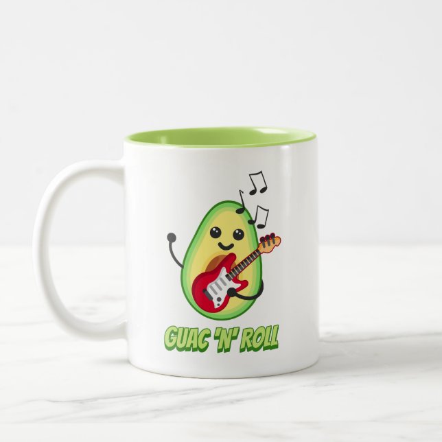 Guac 'n' Roll! Cute avocado music cartoon Two-Tone Coffee Mug (Left)