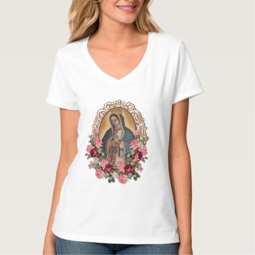 Guadalupe Spanish Catholic Roses Virgin Mary T_Shirt