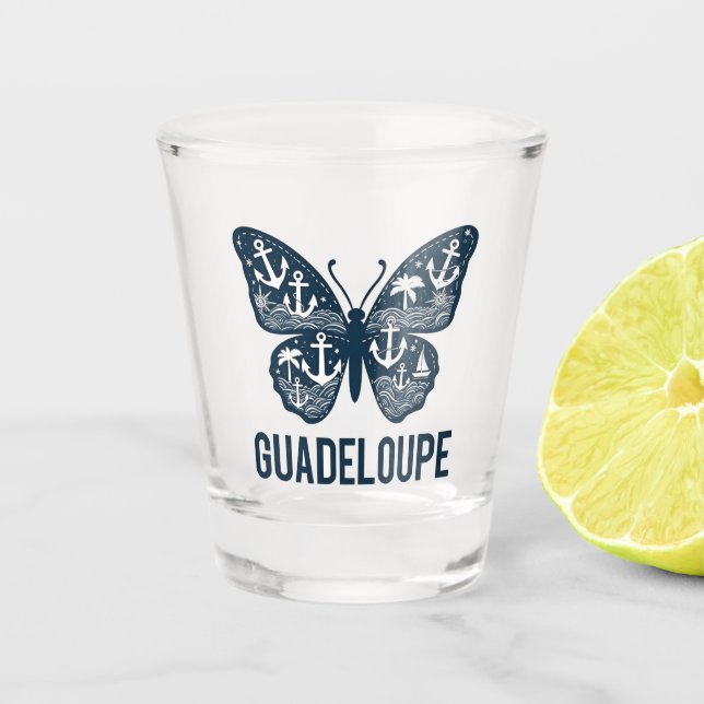 Guadeloupe shot glass - Butterfly pattern and anch (Front)