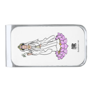 Guan Yin Bodhisattva on Lotus  Silver Finish Money Clip