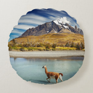 Guanaco crossing the river in Torres del Paine Round Pillow