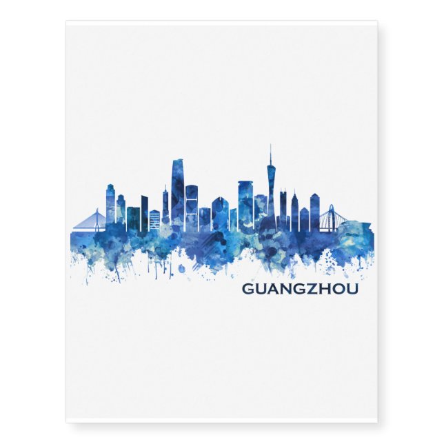 Guangzhou China Skyline Blue Temporary Tattoos (Front)