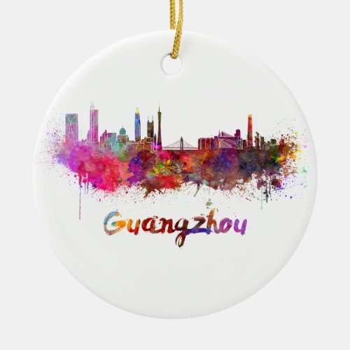 Guangzhou skyline in watercolor splatters ceramic ornament