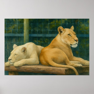 Guarded Rest – Lion Pair in Sanctuary Setting Poster