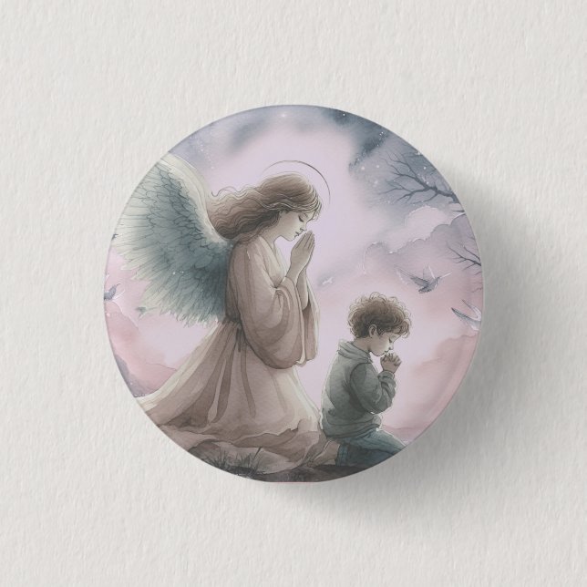 Guardian angel and child praying together button (Front)