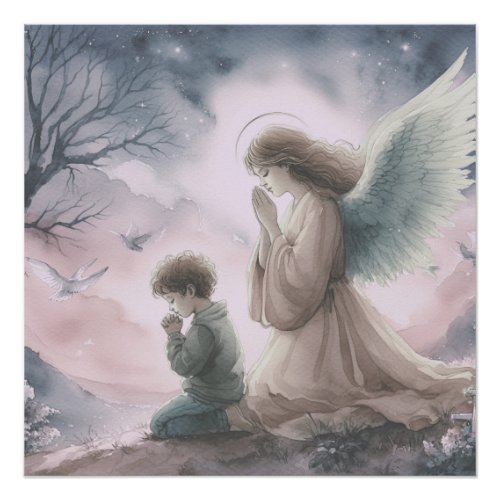 Guardian angel and child praying together poster