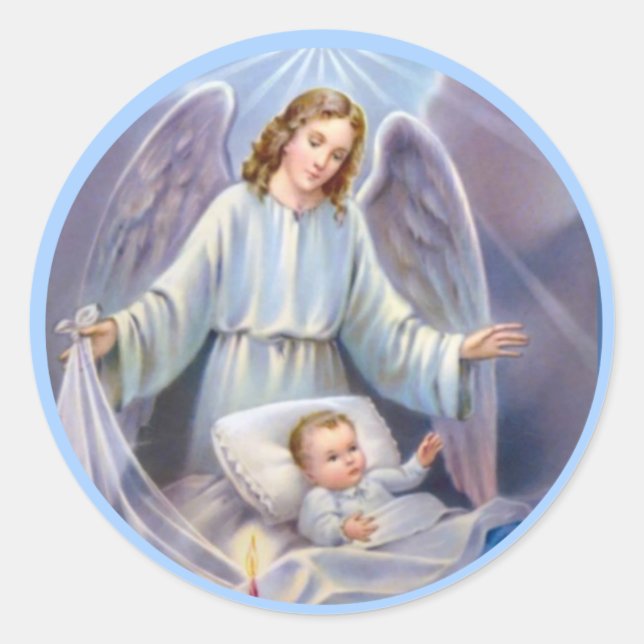 Guardian Angel boy baby candle heavens blue Classic Round Sticker (Front)