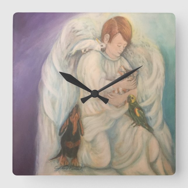 Guardian  Angel Boy with pets Square wall clock (Front)
