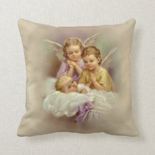 Guardian Angel Cherubs baby in Cloud Vintage Throw Pillow