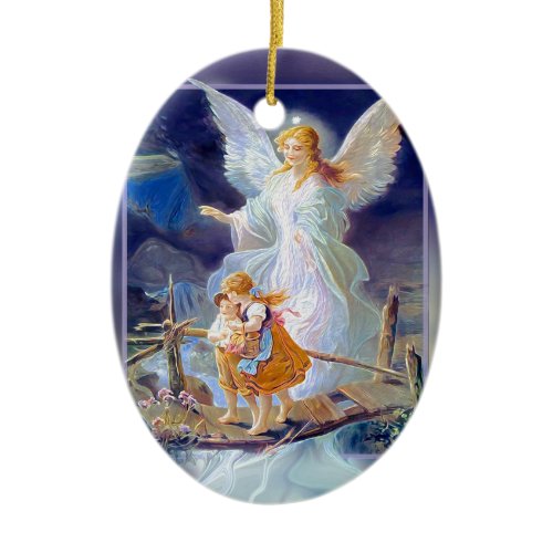 Guardian Angel, Children and Bridge Ceramic Ornament