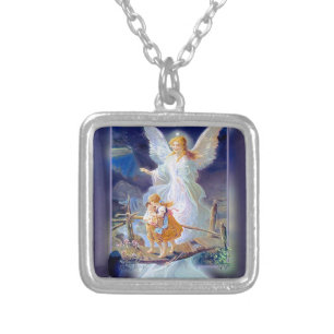 Guardian Angel, Children and Bridge Silver Plated Necklace