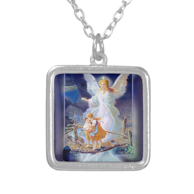Guardian Angel, Children and Bridge Silver Plated Necklace (Front)