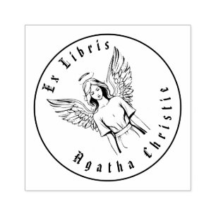 Guardian Angel Girl Black and White Personalized Rubber Stamp
