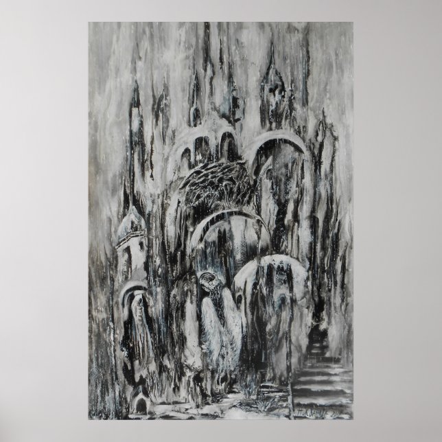 Guardian angel painting black and white abstract poster (Front)