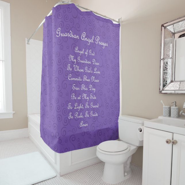 Guardian Angel Prayer Purple Shower Curtain (In Situ)