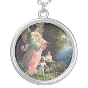 Guardian angel protecting children near a ledge silver plated necklace