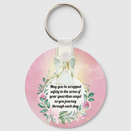Guardian angel protection quote pink rose wreath keychain