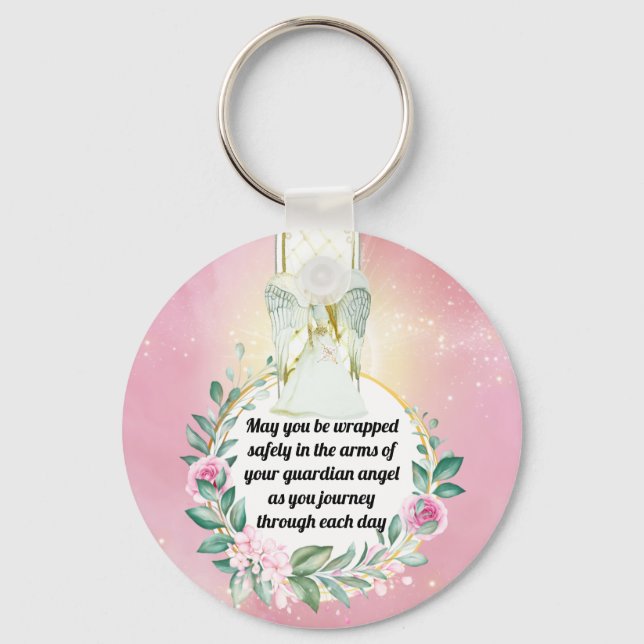Guardian angel protection quote pink rose wreath keychain (Front)