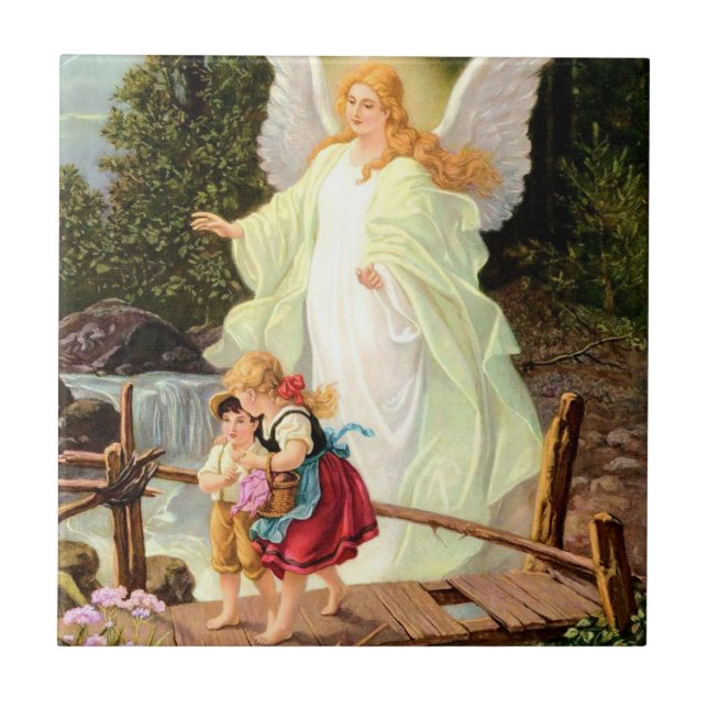 Guardian Angel Watching over Children Bridge  Ceramic Tile (Front)