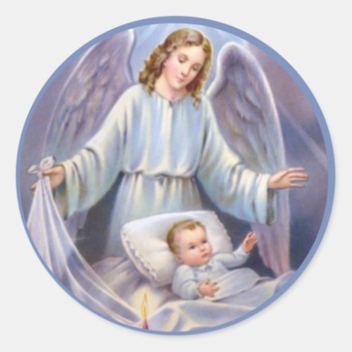 Guardian Angel with Baby in Crib Classic Round Sticker