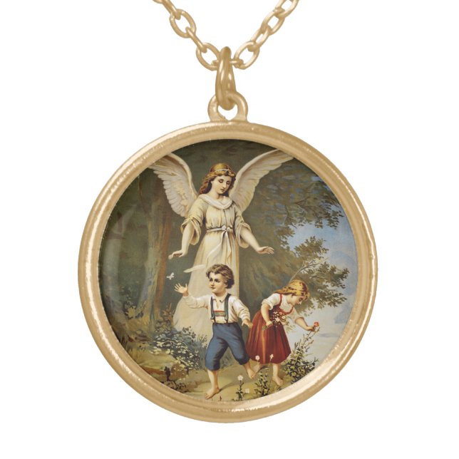 Guardian Angel with Little Children Gold Plated Necklace (Front)