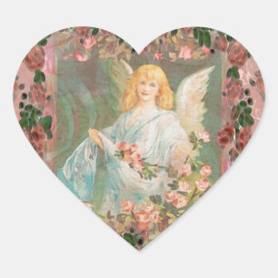 Guardian Angel with Pink Roses Heart Sticker
