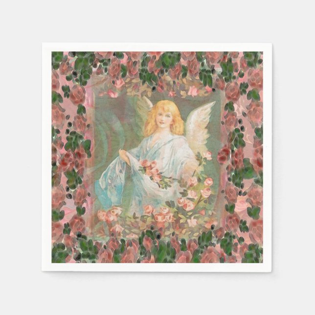 Guardian Angel with Pink Roses Paper Napkins (Front)