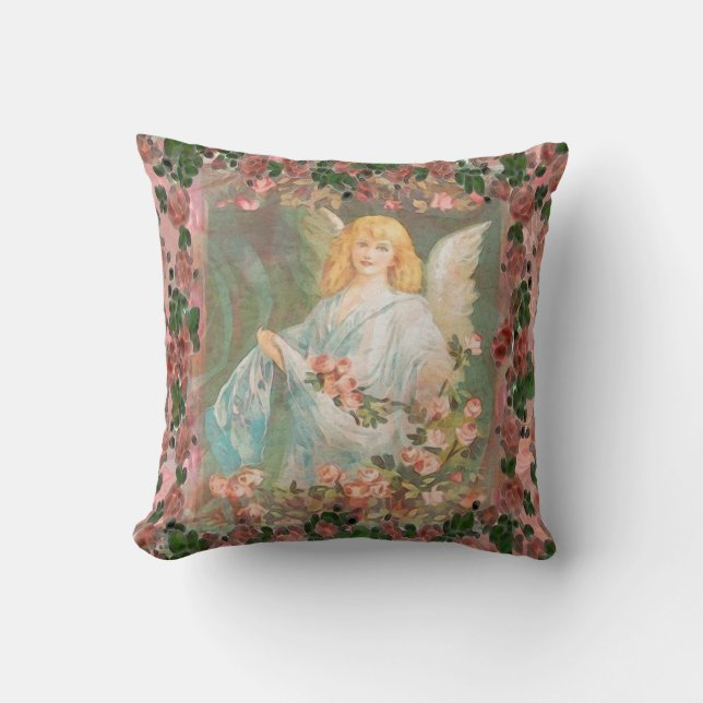 Guardian Angel with Pink Roses Throw Pillow (Front)