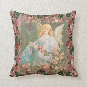 Guardian Angel with Pink Roses Throw Pillow