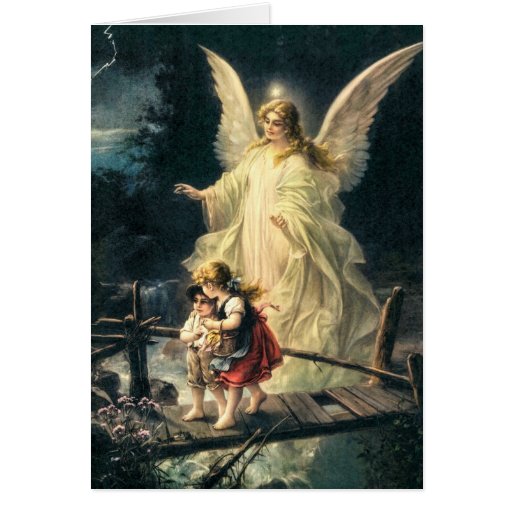 Guardian angel with two children on bridge card | Zazzle