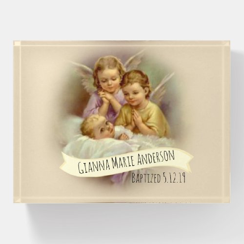 Guardian Angels watching over baby Baptism Paperweight