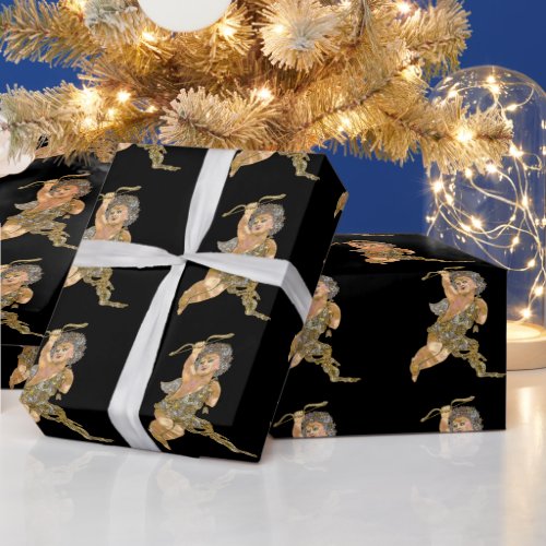 Guardian Christmas Angel on Black Glossy Wrapping Paper