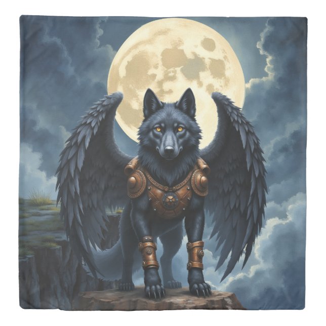 Guardian of the Moon – The Black Winged Wolf.  Duvet Cover (Front)
