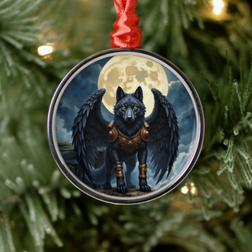 Guardian of the Moon – The Black Winged Wolf Metal Ornament
