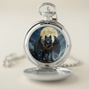 Guardian of the Moon – The Black Winged Wolf Pocket Watch