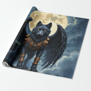 Guardian of the Moon – The Black Winged Wolf Wrapping Paper