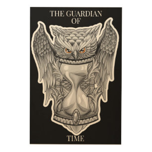 Guardian of Time - Owl and Hourglass illustartion Wood Wall Art