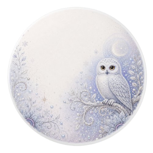 Guardian of Winter's Night – Delicate Snowy Owl in Ceramic Knob