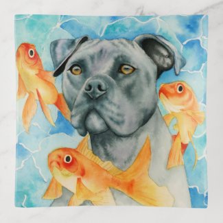 Guardian | Pit Bull Dog and Goldfishes Watercolor Trinket Trays
