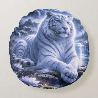 Guardian White Tiger – Silent Strength and Gentle  Round Pillow