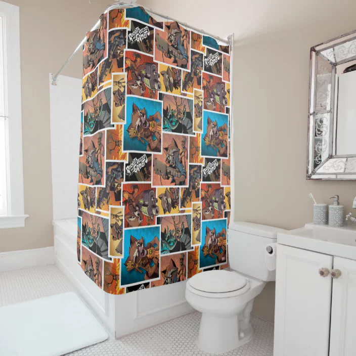 Rocket Groot Collage Shower Curtain, Baby Groot Shower Curtain